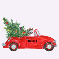 Husky In a Red Car with Christmas Tree Design
