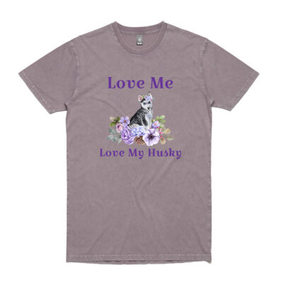 Love Me Love My Husky with Flowers on a Stone wash T-Shirt Thumbnail