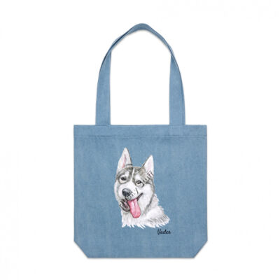 2 Sided Blue My Husky Comes Shopping With Me Shopping bag with a Husky with a mask on the other side Thumbnail